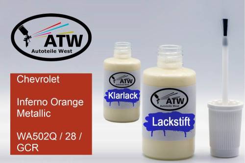 Chevrolet, Inferno Orange Metallic, WA502Q / 28 / GCR: 20ml Lackstift + 20ml Klarlack - Set, von ATW Autoteile West.